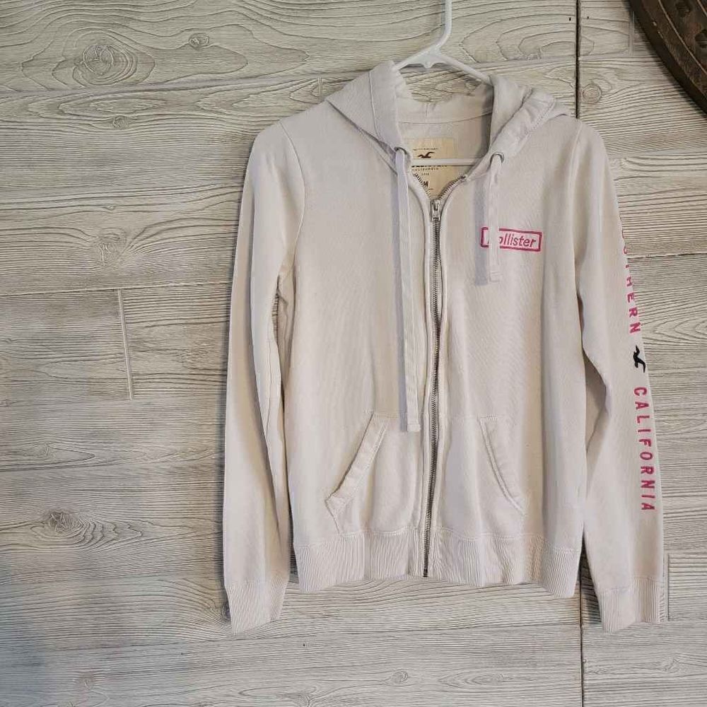 Hollister White Zip Up Womens SZ M Fleece Lined Logo Barbie